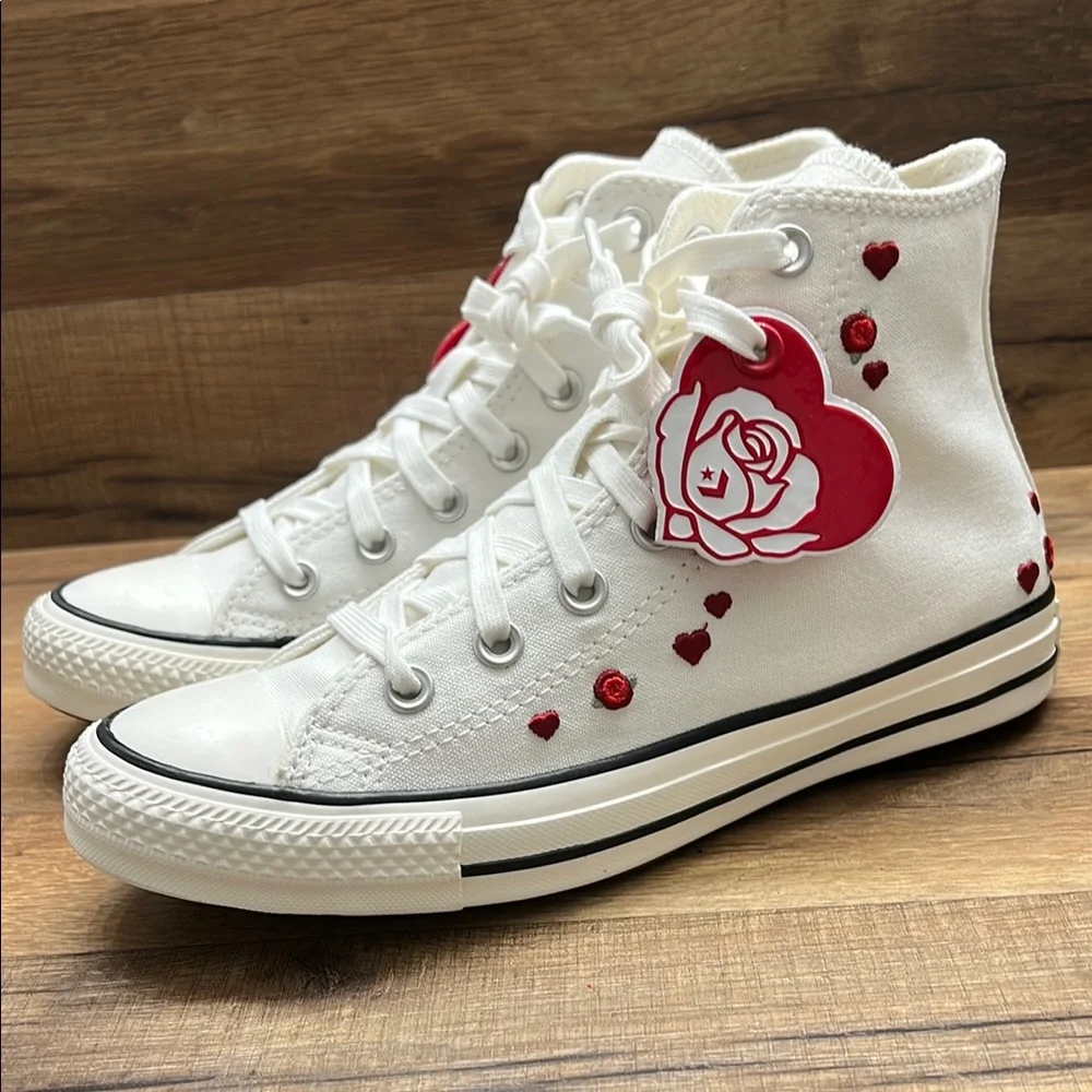 Converse White High-Tops with Red Heart Details